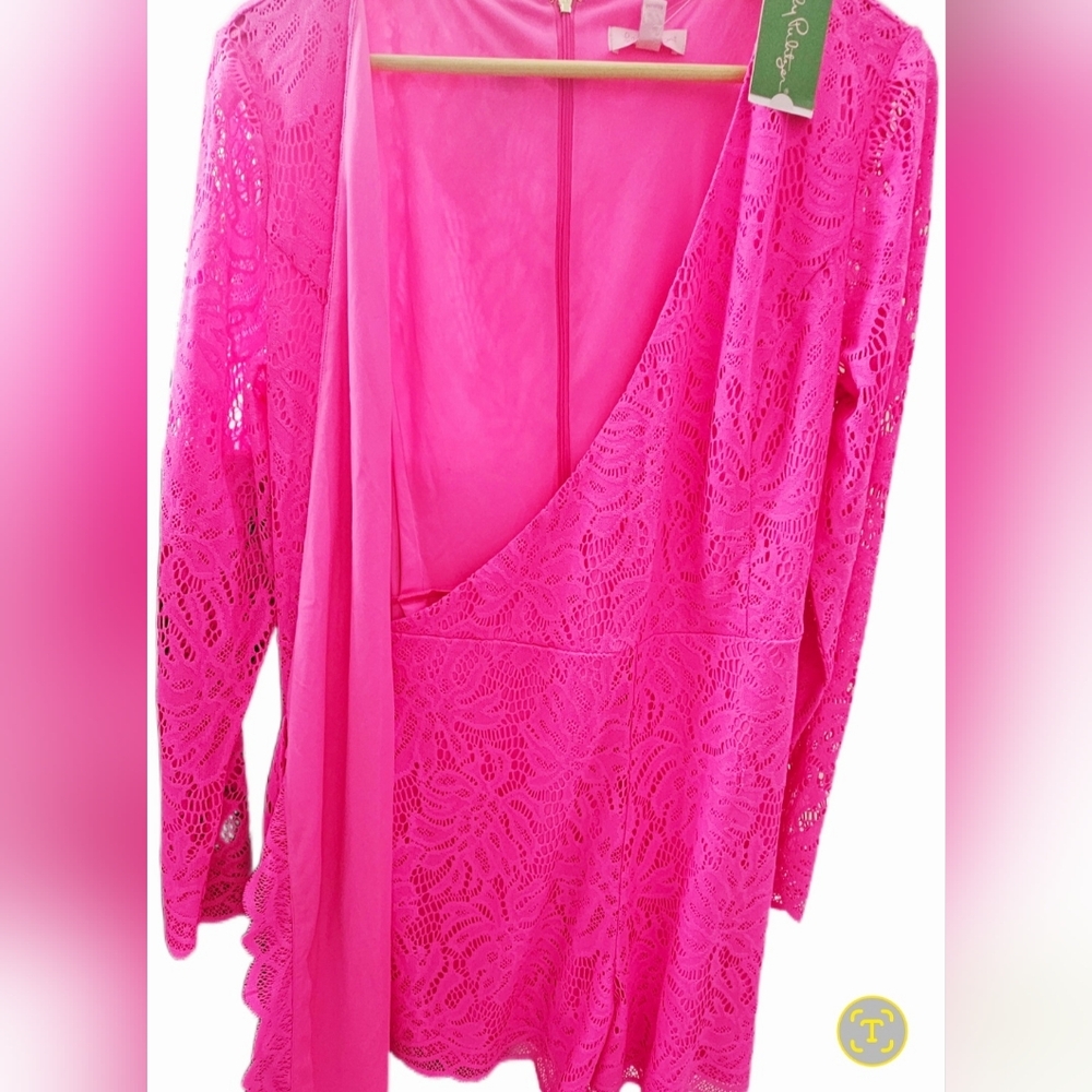 Lilly PULITZER Vibrant Pink Lace Wrap ROMPER - Picture 13 of 15